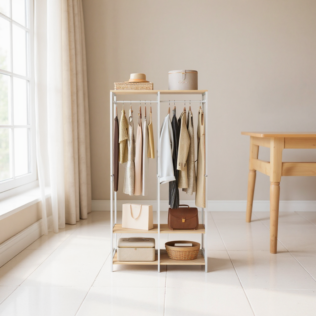 Heavy Duty Garment Rack, Iron and Wood Closet Organizer with Hanging Rods & Shelves, Freestanding Storage for Bedroom, 70.9 Inch,Natural Beige
