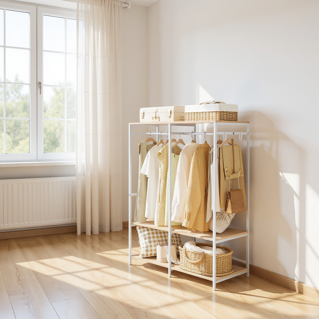 Heavy Duty Garment Rack, Iron and Wood Closet Organizer with Hanging Rods & Shelves, Freestanding Storage for Bedroom, 70.9 Inch,Natural Beige
