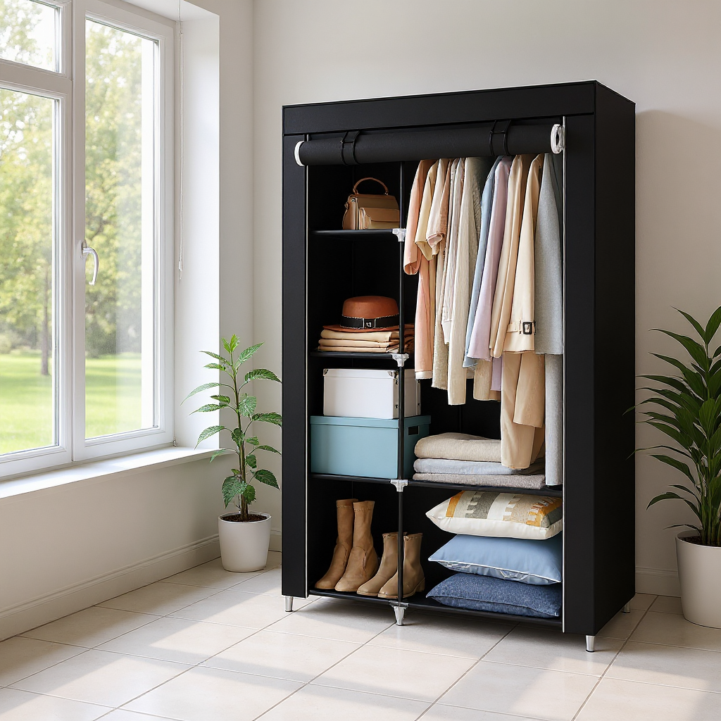 Large Fabric Wardrobe Closet with Hanging Rod & Shelves, Portable Storage Organizer for Bedroom/Living Room, Easy No-Tool Assembly, Black