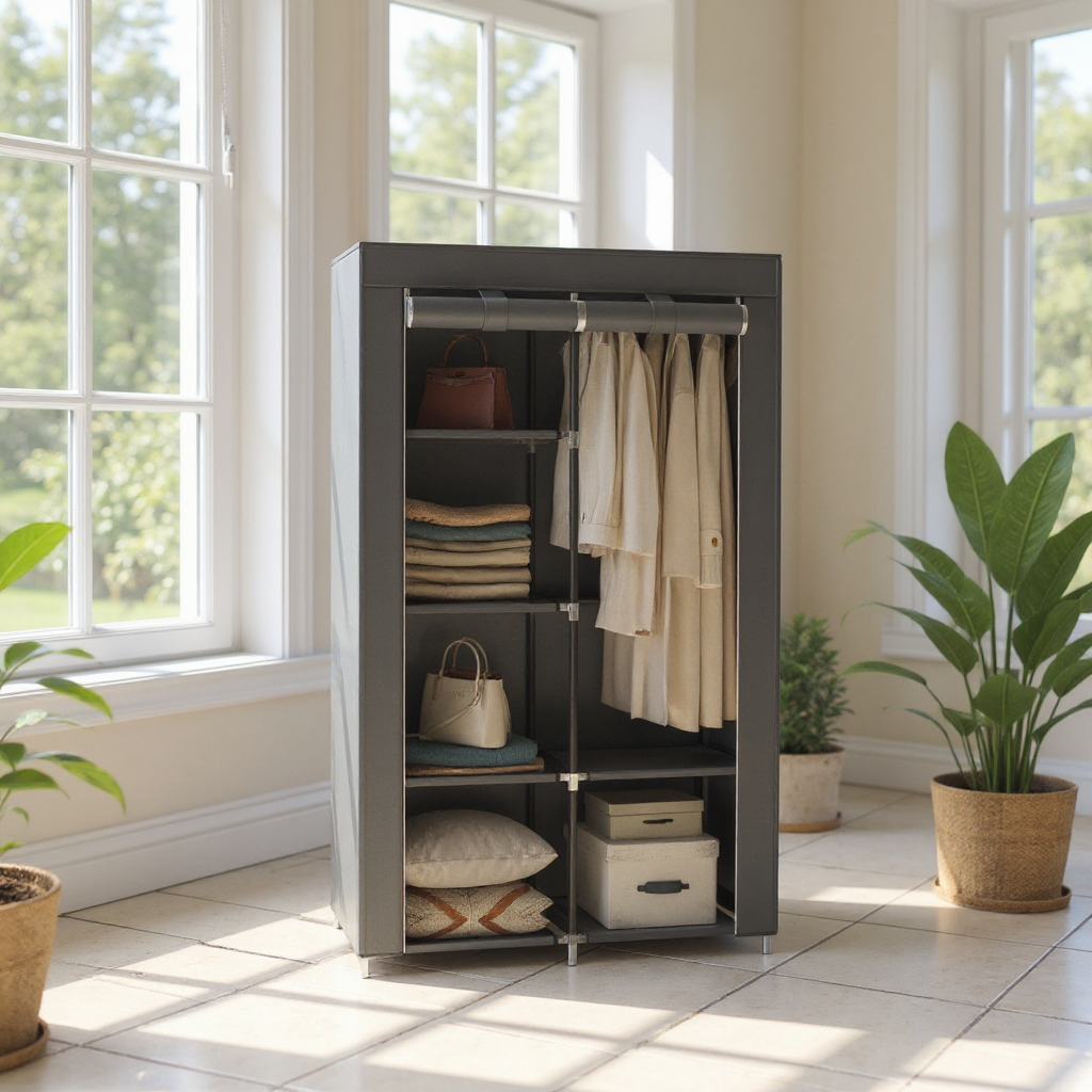 Portable Closet Organizer with Hanging Rail & 6 Shelves - Freestanding Storage Wardrobe for Bedroom, 66.1 Inch,Grey