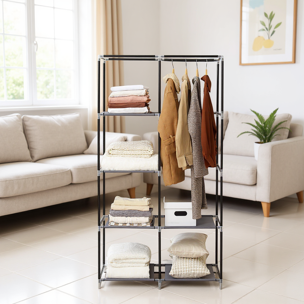 Portable Closet Organizer with Hanging Rail & 6 Shelves - Freestanding Storage Wardrobe for Bedroom, 66.1 Inch,Grey