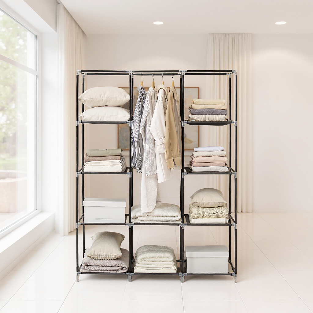 Large Portable Closet with 10 Shelves & Hanging Rail - Freestanding Fabric Wardrobe for Bedroom, 66 Inch, Black