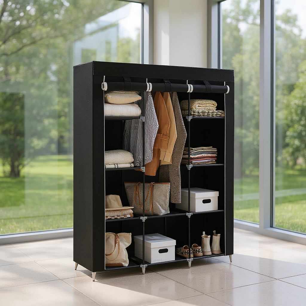 Large Portable Closet with 10 Shelves & Hanging Rail - Freestanding Fabric Wardrobe for Bedroom, 66 Inch, Black