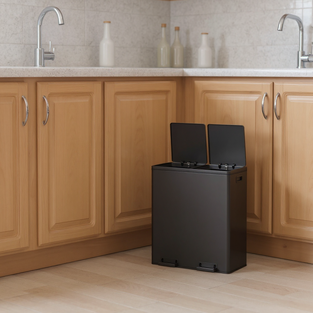 Dual Compartment Trash Can 2 x 30L, with 15 Liners, Metal Pedals, Inner Buckets, Soft-Close Lid, for Kitchen Recycling, Black