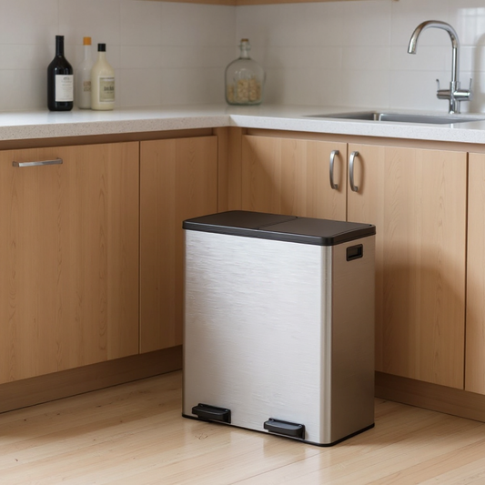 Dual Compartment Trash Can 2 x 30L, with 15 Liners, Metal Pedals, Inner Buckets, Soft-Close Lid, for Kitchen Recycling, Argent et Noir