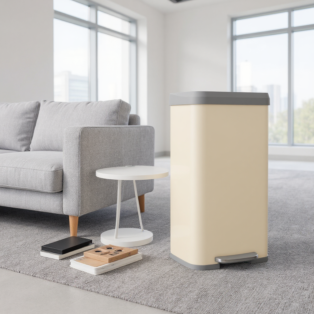 18 Gallon Stainless Steel Kitchen Trash Can, Stay-Open Lid with Step Pedal & Odor Filter, Large Capacity Bin, Sand Beige and Dove Gray