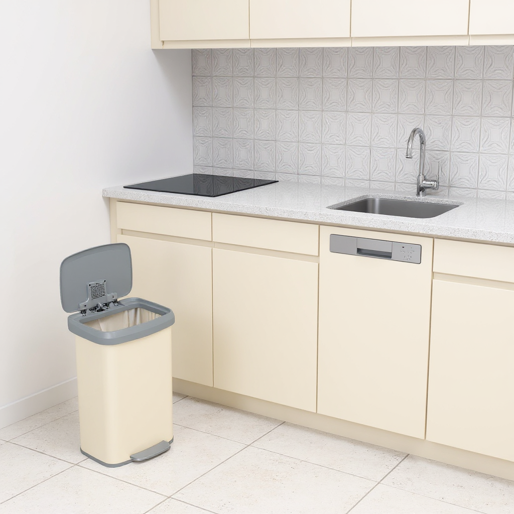 18 Gallon Stainless Steel Kitchen Trash Can, Stay-Open Lid with Step Pedal & Odor Filter, Large Capacity Bin, Sand Beige and Dove Gray