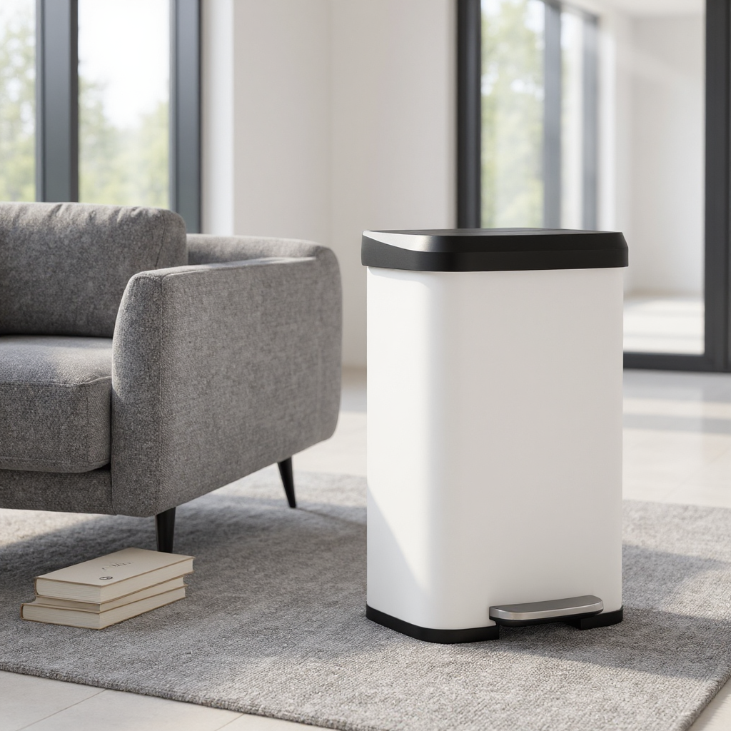 13 Gallon Stainless Steel Kitchen Trash Can, Stay-Open Lid with Step Pedal & Odor Filter, Large Capacity Bin,White and Black