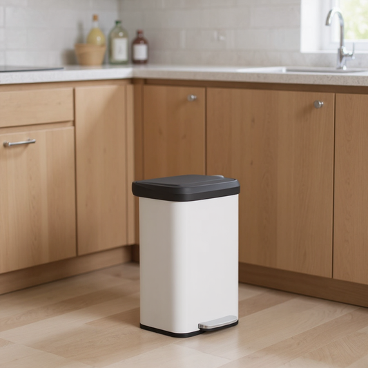 13 Gallon Stainless Steel Kitchen Trash Can, Stay-Open Lid with Step Pedal & Odor Filter, Large Capacity Bin,White and Black