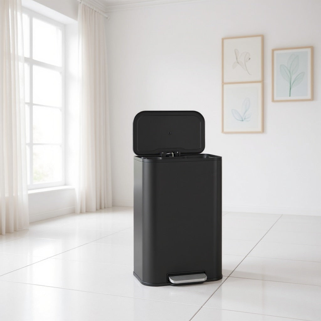 8-Gallon Step Trash Can, Soft-Close Stay-Open Lid, Inner Bucket, Non-Slip Pedal, Compact Stainless Steel Bin for Kitchen,Ink Black