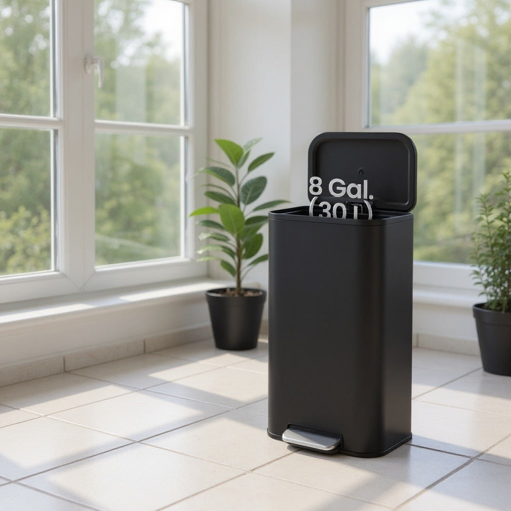 8-Gallon Step Trash Can, Soft-Close Stay-Open Lid, Inner Bucket, Non-Slip Pedal, Compact Stainless Steel Bin for Kitchen,Ink Black