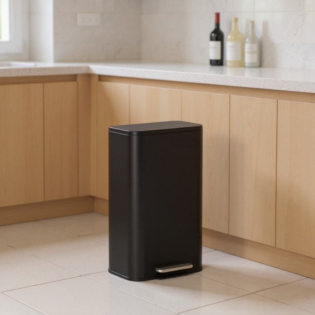 8-Gallon Step Trash Can, Soft-Close Stay-Open Lid, Inner Bucket, Non-Slip Pedal, Compact Stainless Steel Bin for Kitchen,Ink Black