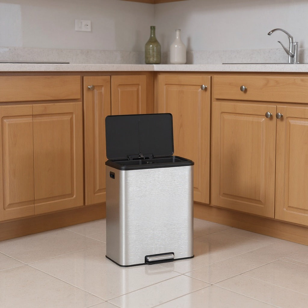 2 x 8 Gal Dual Compartment Step Trash Can, Soft-Close Lid, Inner Buckets, Waste Recycling Bin, Stainless Steel,Metallic Silver