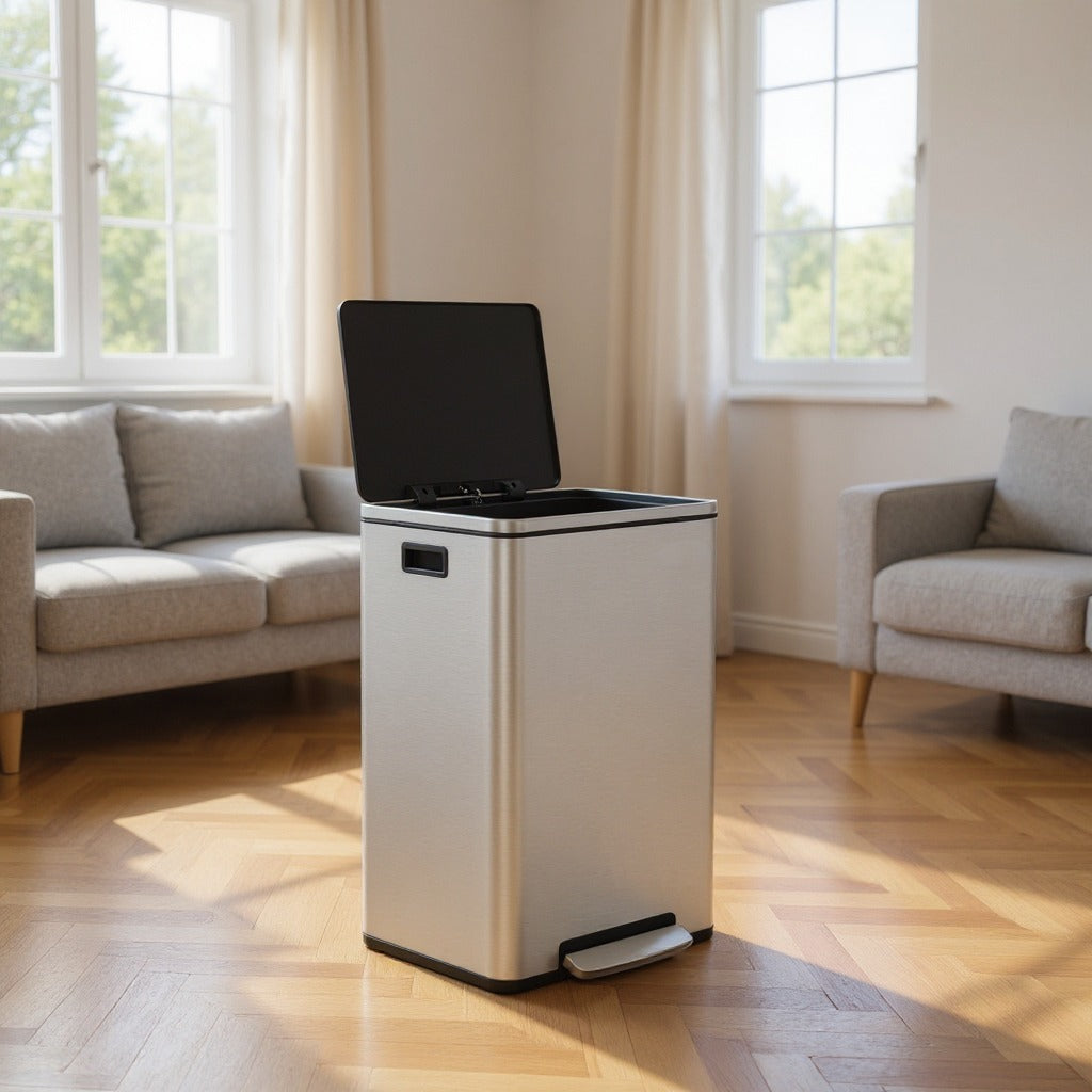 13-Gallon Trash Can with Soft-Close Lid, Removable Inner Bucket, Foot Pedal, Includes 15 Liners – Stainless Steel，Silver