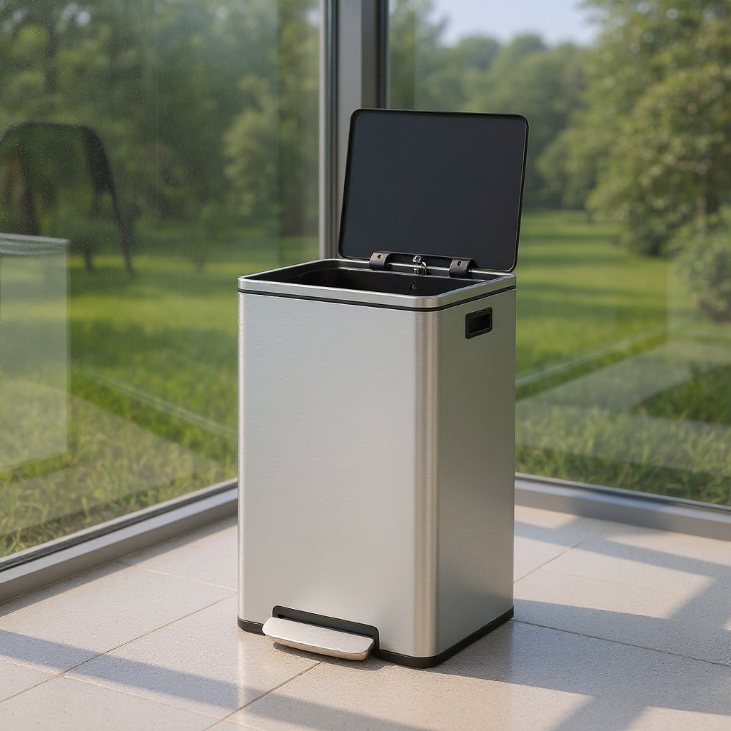 13-Gallon Trash Can with Soft-Close Lid, Removable Inner Bucket, Foot Pedal, Includes 15 Liners – Stainless Steel，Silver