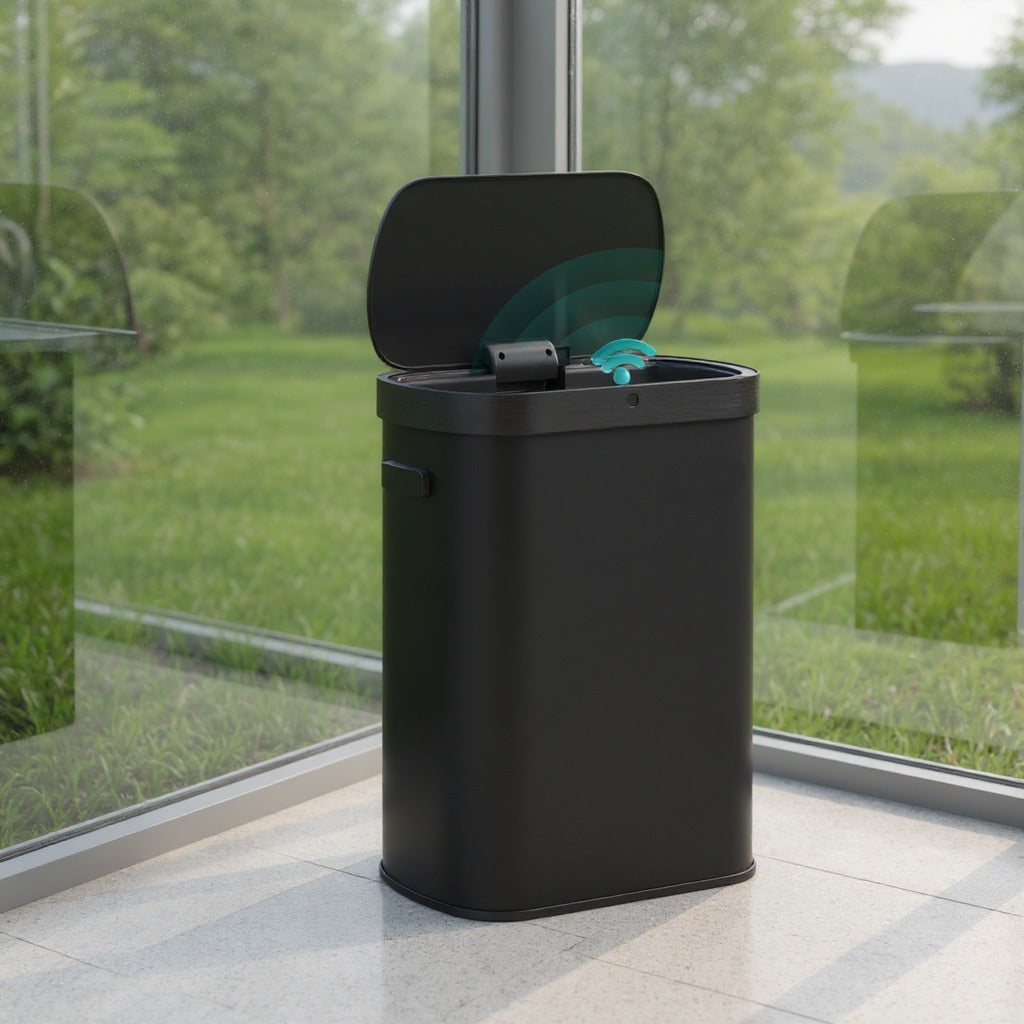 Motion Sensor Trash Can, 13 Gallon Automatic Kitchen Bin with Dual Opening & Soft Close, Includes 15 Bags – Stainless Steel,Ink Black