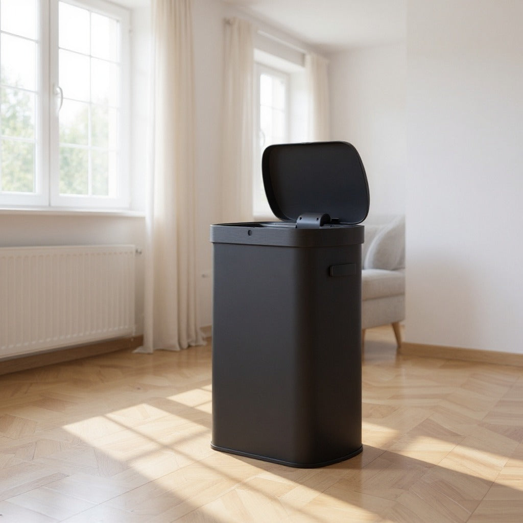 Motion Sensor Trash Can, 13 Gallon Automatic Kitchen Bin with Dual Opening & Soft Close, Includes 15 Bags – Stainless Steel,Ink Black
