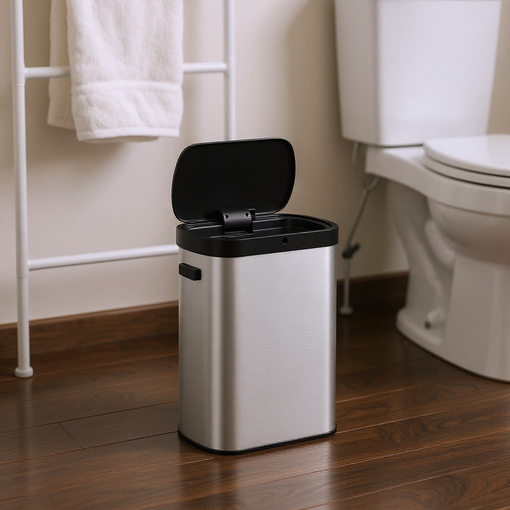 Motion Sensor Trash Can, 13 Gallon Automatic Kitchen Bin with Dual Opening & Soft Close, Includes 15 Bags – Stainless Steel,Metallic Silver and Ink Black