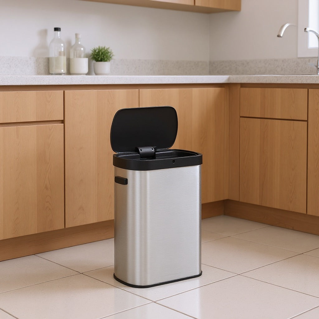 Motion Sensor Trash Can, 13 Gallon Automatic Kitchen Bin with Dual Opening & Soft Close, Includes 15 Bags – Stainless Steel,Metallic Silver and Ink Black