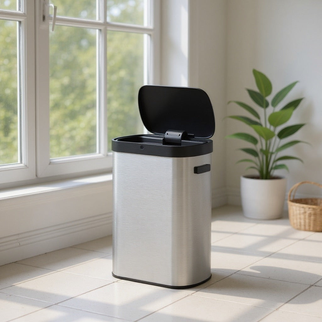Motion Sensor Trash Can, 13 Gallon Automatic Kitchen Bin with Dual Opening & Soft Close, Includes 15 Bags – Stainless Steel,Metallic Silver and Ink Black