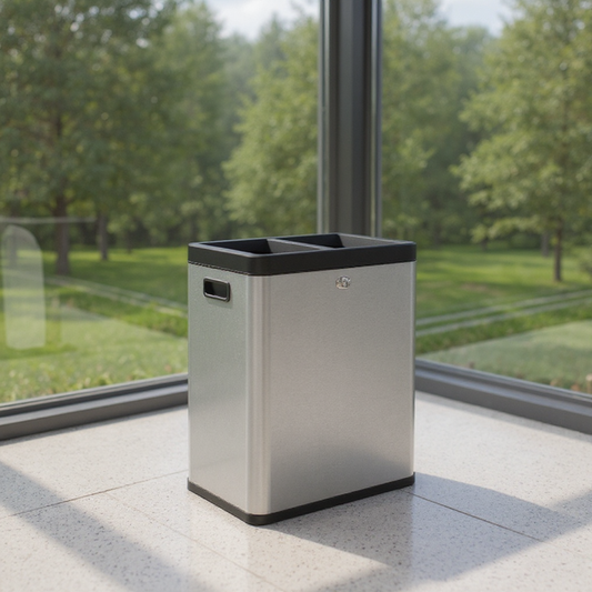 Dual Compartment Trash Can, 2 x 6.6-Gallon Open Top Recycling Bin, Stainless Steel Waste Separator for Office Restaurant Use,Silver