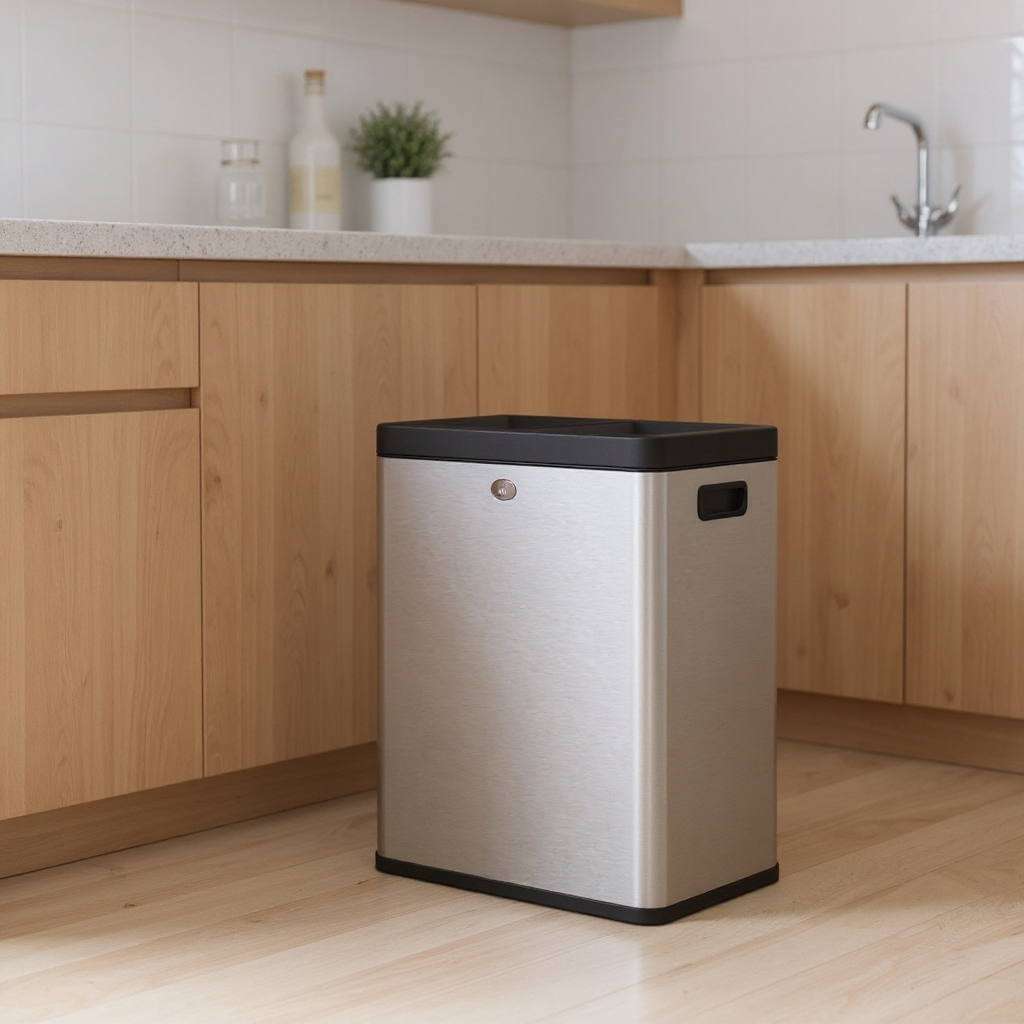 Dual Compartment Trash Can, 2 x 6.6-Gallon Open Top Recycling Bin, Stainless Steel Waste Separator for Office Restaurant Use,Silver