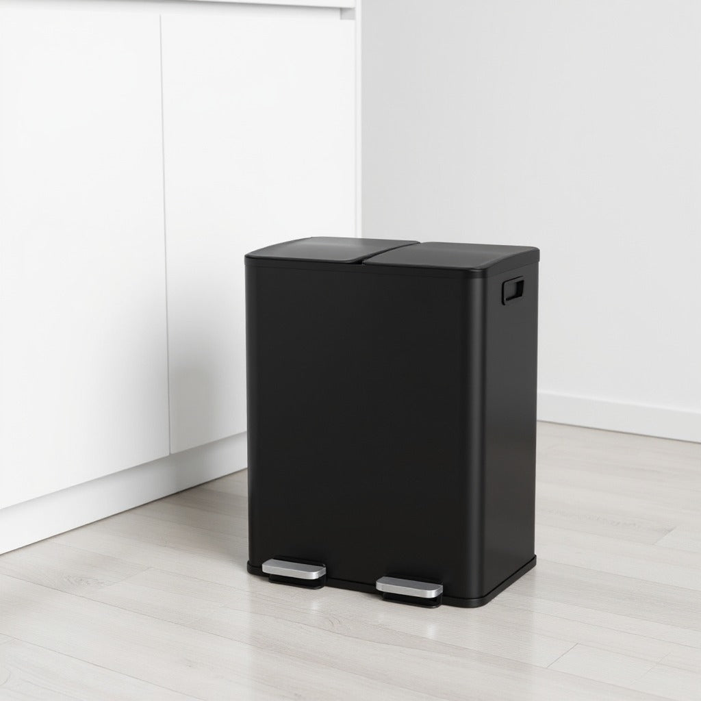 Dual Compartment Step Trash Can, 2 x 8-Gallon Soft-Close Lid Garbage Bin with Pedal, Inner Buckets and Liners Included, Stainless Steel,Ink Black