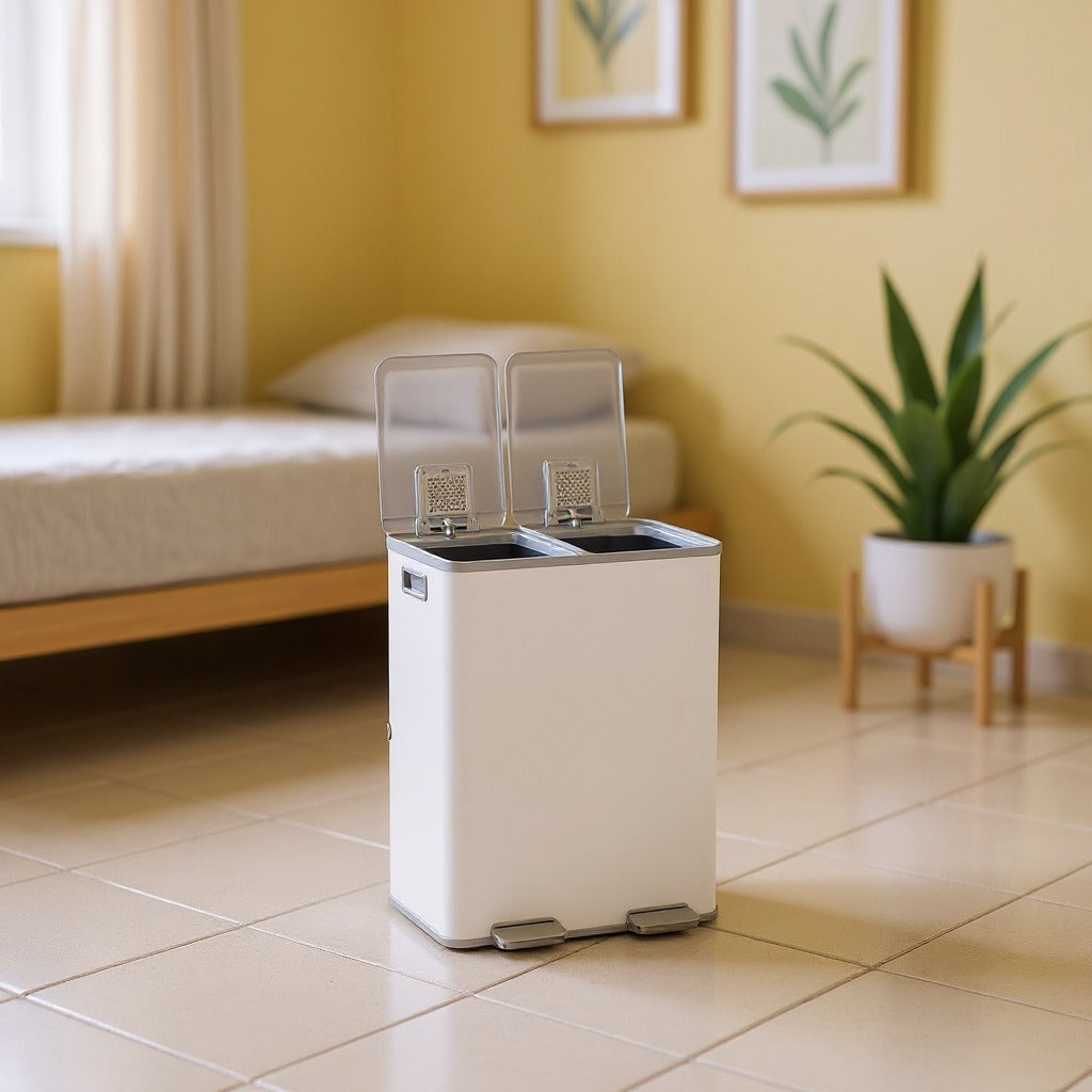 Dual Compartment Step Trash Can, 2 x 8-Gallon Soft-Close Lid Garbage Bin with Pedal, Inner Buckets and Liners Included, Stainless Steel,Matte White