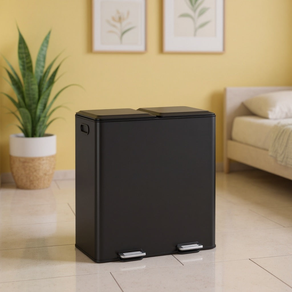 Double Compartment Step Trash Can, 2 x 8-Gallon Soft-Close Lid Garbage Bin with Pedals, Removable Buckets and Odor Control, Stainless Steel,Ink Black