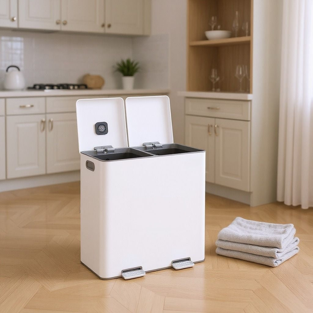 Double Compartment Step Trash Can, 2 x 8-Gallon Soft-Close Lid Garbage Bin with Pedals, Removable Buckets and Odor Control, Stainless Steel,Cloud White