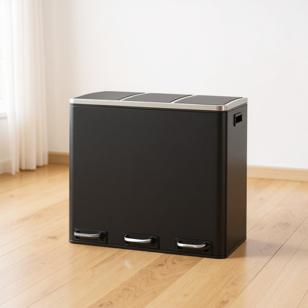 Stainless Steel 14.4 Gallon Triple Compartment Recycling Bin, 3 x 4.8 Gallon Soft-Close Trash Cans with Pedals for Kitchen Waste Sorting,Black