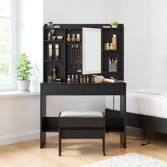 Vanity Desk with Dimmable LED Lights & Power Outlets, Makeup Dressing Table with Stool, 6 Compartments, 2 Drawers, Large Storage Shelf, for Bedroom, Ink Black
