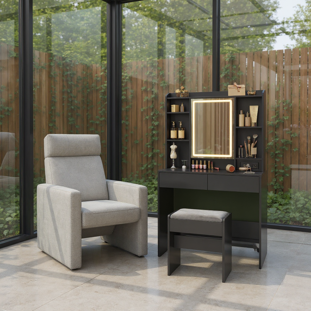 Vanity Desk with Dimmable LED Lights & Power Outlets, Makeup Dressing Table with Stool, 6 Compartments, 2 Drawers, Large Storage Shelf, for Bedroom, Ink Black