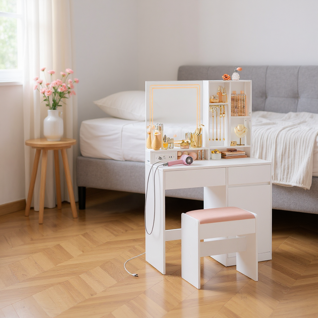 Vanity Desk with Power Outlets & LED Mirror, Makeup Table Set with Stool, 2 Drawers, 6 Compartments, Adjustable Shelf, for Bedroom, Cloud White