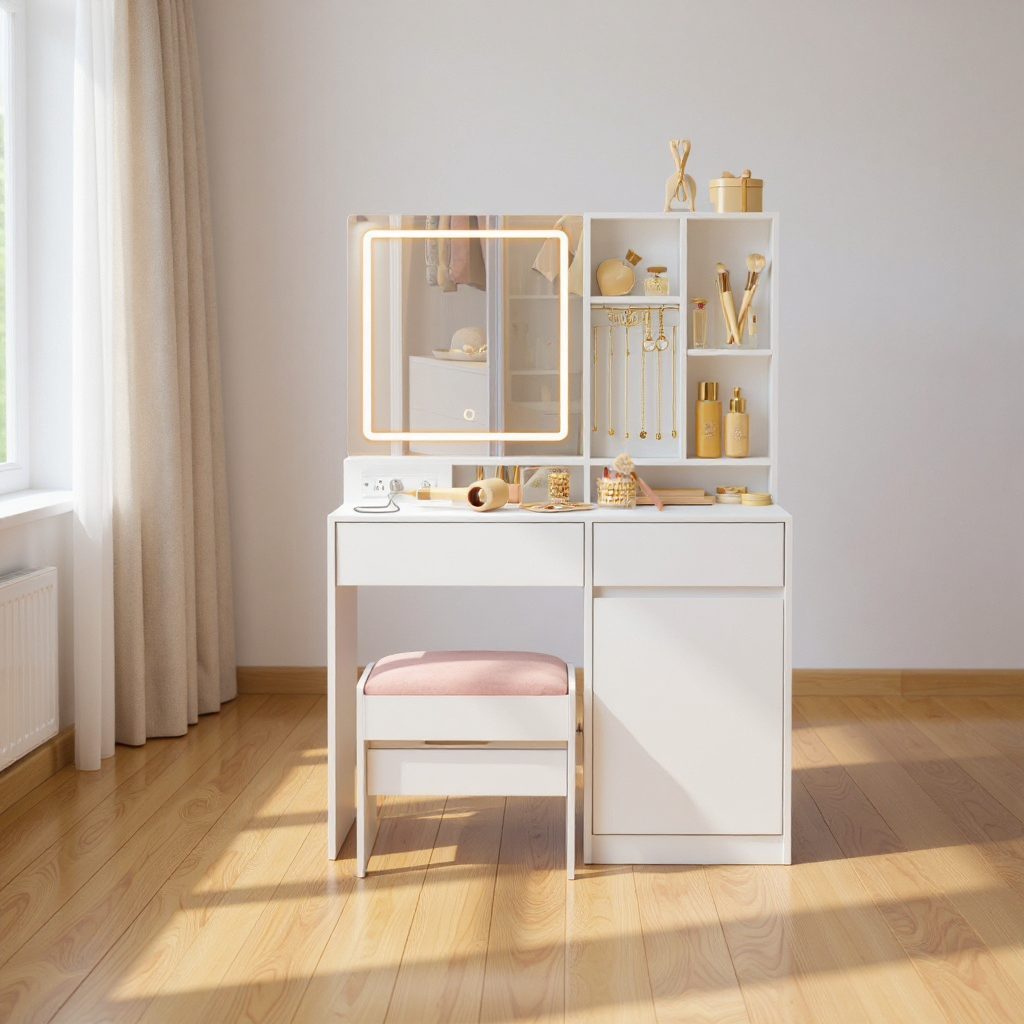 Vanity Desk with Power Outlets & LED Mirror, Makeup Table Set with Stool, 2 Drawers, 6 Compartments, Adjustable Shelf, for Bedroom, Cloud White