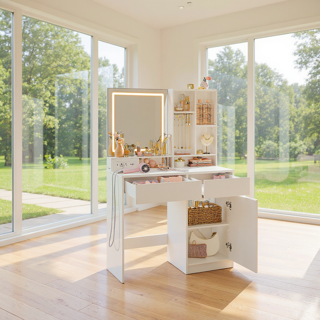 Vanity Desk with Power Outlets & LED Mirror, Makeup Table Set with Stool, 2 Drawers, 6 Compartments, Adjustable Shelf, for Bedroom, Cloud White