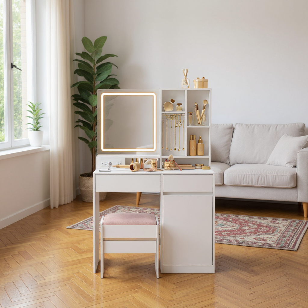 Vanity Desk with Power Outlets & LED Mirror, Makeup Table Set with Stool, 2 Drawers, 6 Compartments, Adjustable Shelf, for Bedroom, Cloud White