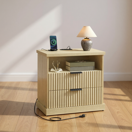 Nightstand with Charging Station & 2 Drawers, Fluted Bedside Table with 2 AC Outlets, USB-A/C Ports, Open Shelf, for Bedroom, Oak Beige
