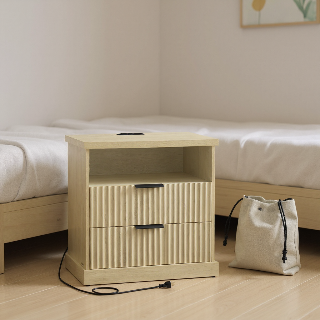 Nightstand with Charging Station & 2 Drawers, Fluted Bedside Table with 2 AC Outlets, USB-A/C Ports, Open Shelf, for Bedroom, Oak Beige