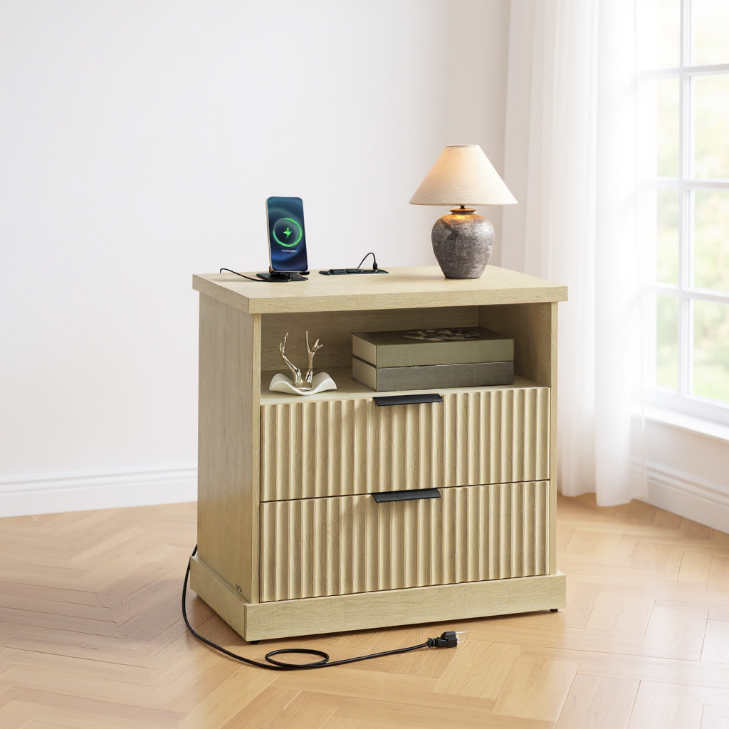 Nightstand with Charging Station & 2 Drawers, Fluted Bedside Table with 2 AC Outlets, USB-A/C Ports, Open Shelf, for Bedroom, Oak Beige