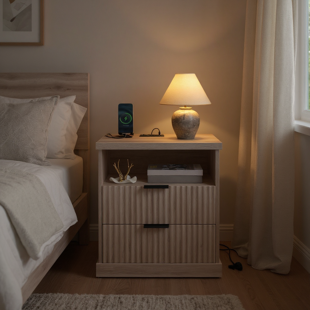 MAXE Collection Nightstand with Charging Station, 2 Drawers & Open Shelf, Extra Wide Bedside Table with 2 AC Outlets & USB Ports, Transitional Style, for Bedroom, Washed Gray