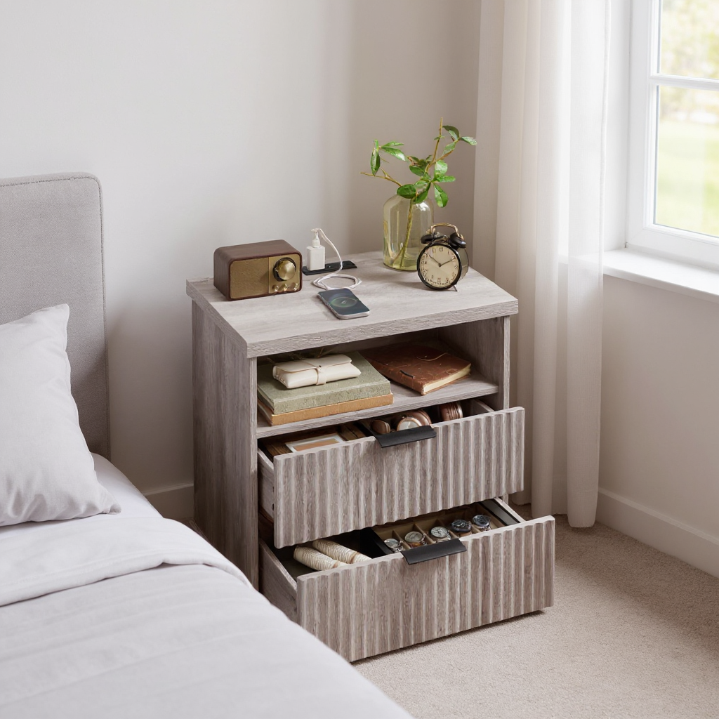 MAXE Collection Nightstand with Charging Station, 2 Drawers & Open Shelf, Extra Wide Bedside Table with 2 AC Outlets & USB Ports, Transitional Style, for Bedroom, Washed Gray