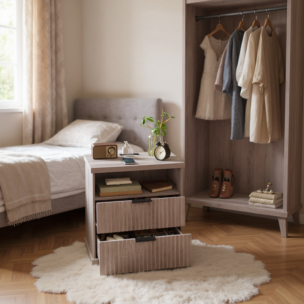 MAXE Collection Nightstand with Charging Station, 2 Drawers & Open Shelf, Extra Wide Bedside Table with 2 AC Outlets & USB Ports, Transitional Style, for Bedroom, Washed Gray