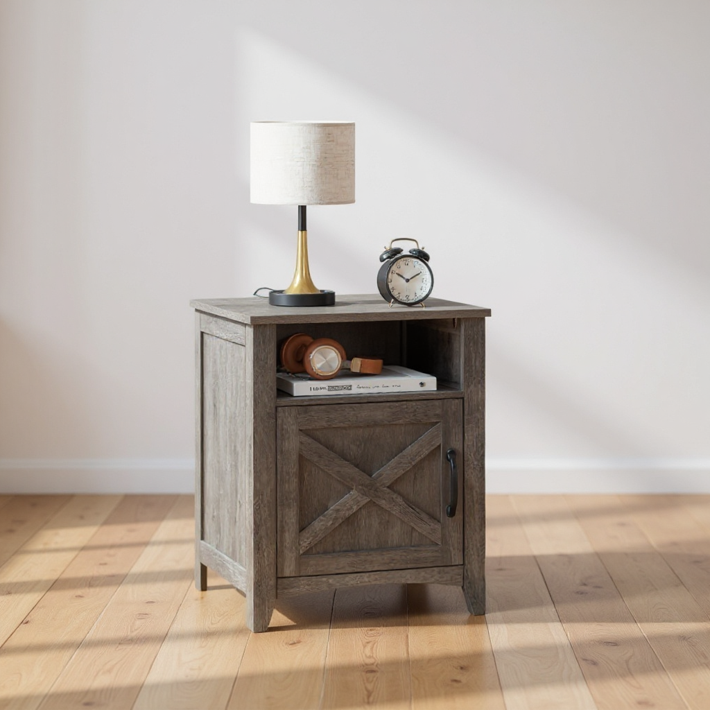 Farmhouse Nightstand, Set of 2, Barn Door & Open Shelf, Versatile Bedside Table with Storage, Reversible Door, for Bedroom Living Room,Misty Gray