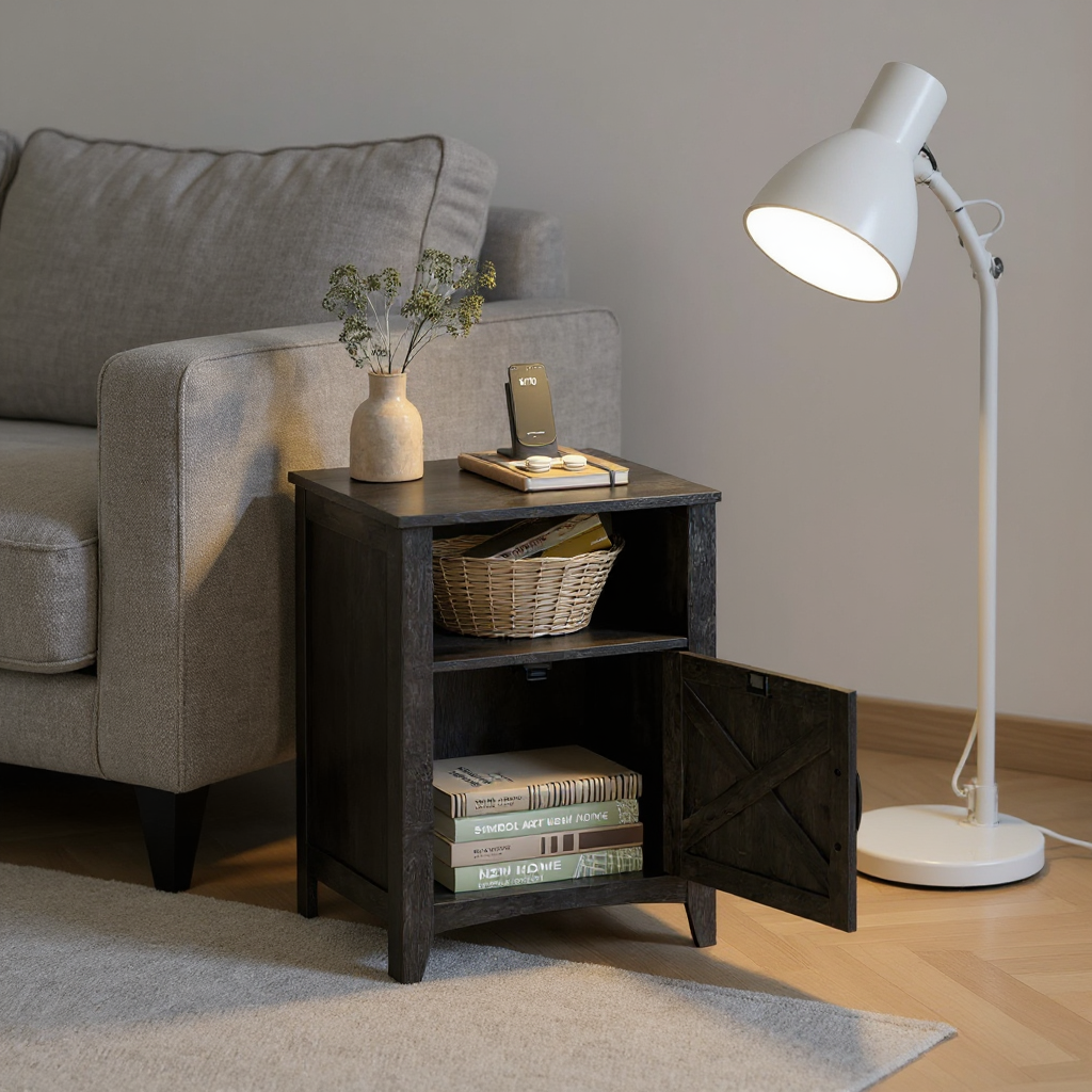Farmhouse Nightstand, Set of 2, Barn Door & Open Shelf, Versatile Bedside Table with Storage, Reversible Door, for Bedroom Living Room,Misty Gray