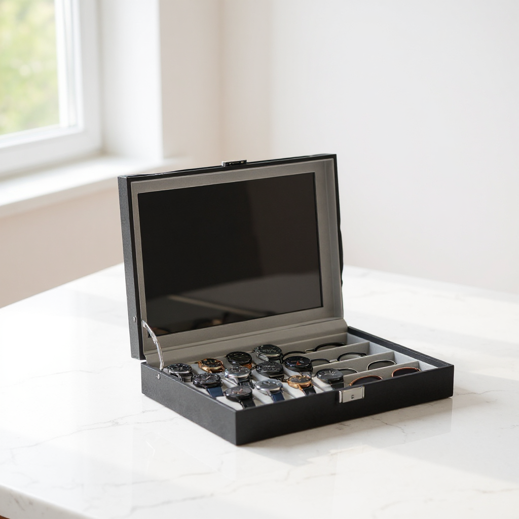 16-Slot Watch Box Organizer, Lockable Glass Top Display Case with Removable Pillows, for Watches & Sunglasses Storage,Dove Gray