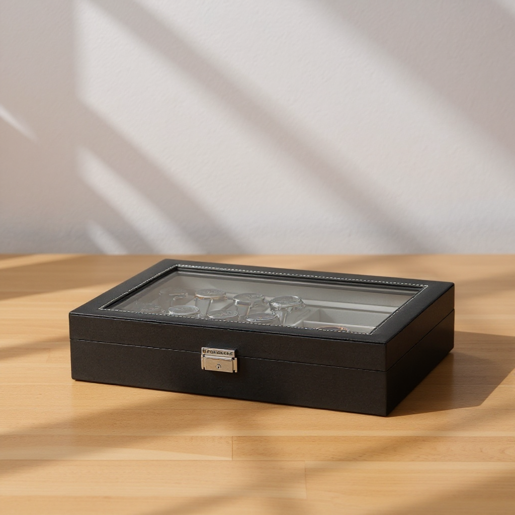 16-Slot Watch Box Organizer, Lockable Glass Top Display Case with Removable Pillows, for Watches & Sunglasses Storage,Dove Gray