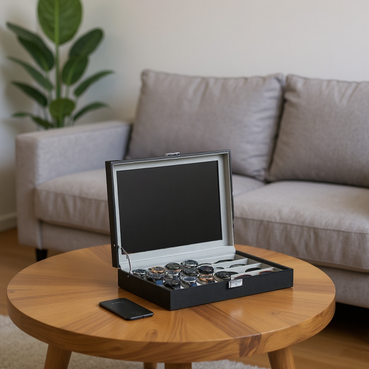 16-Slot Watch Box Organizer, Lockable Glass Top Display Case with Removable Pillows, for Watches & Sunglasses Storage,Dove Gray