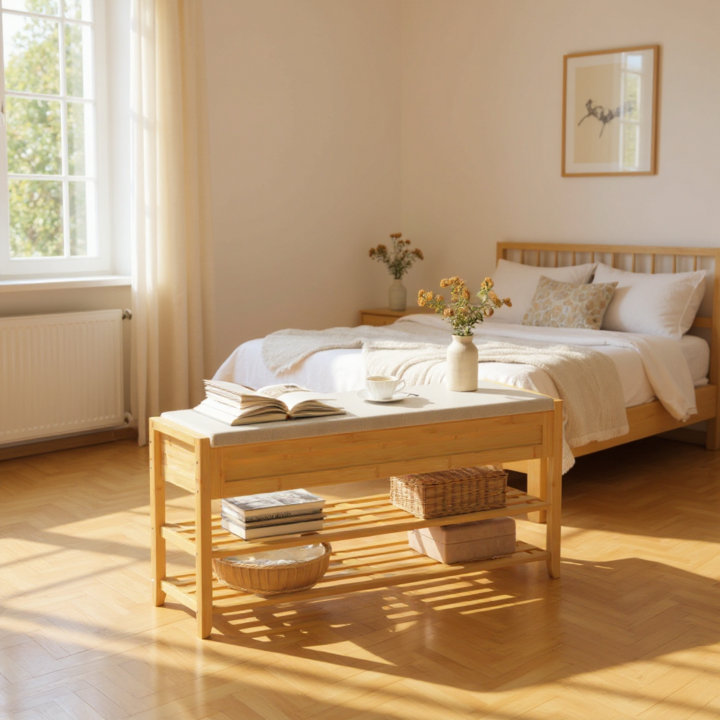 Bamboo Storage Bench, 39.4" Wide 2-Tier Shoe Rack with Hidden Compartments & Seat Cushion, Entryway Organizer for Living Room Dorm, Natural Beige