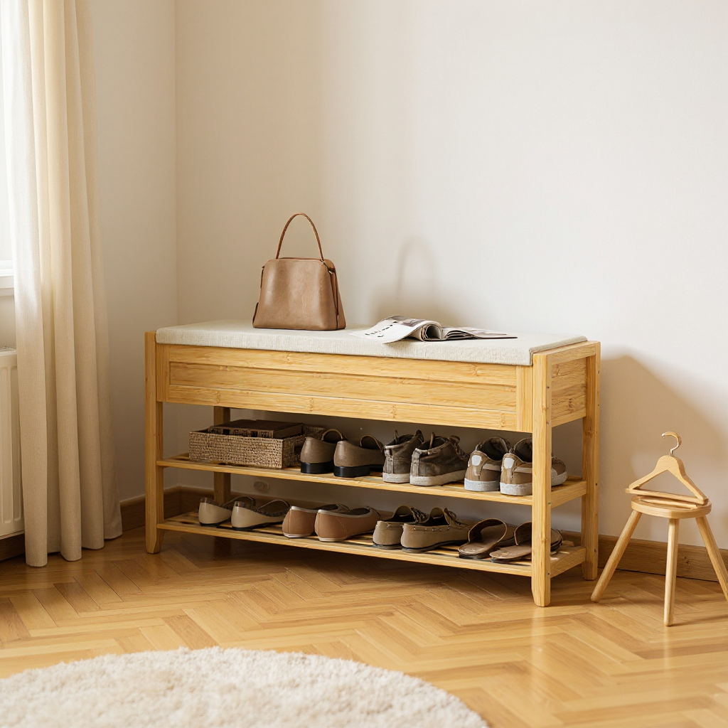 Bamboo Storage Bench, 39.4" Wide 2-Tier Shoe Rack with Hidden Compartments & Seat Cushion, Entryway Organizer for Living Room Dorm, Natural Beige